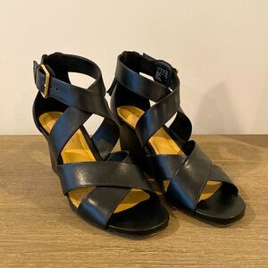 Clarks Black Leather Wedge Sandals, Size 8.5